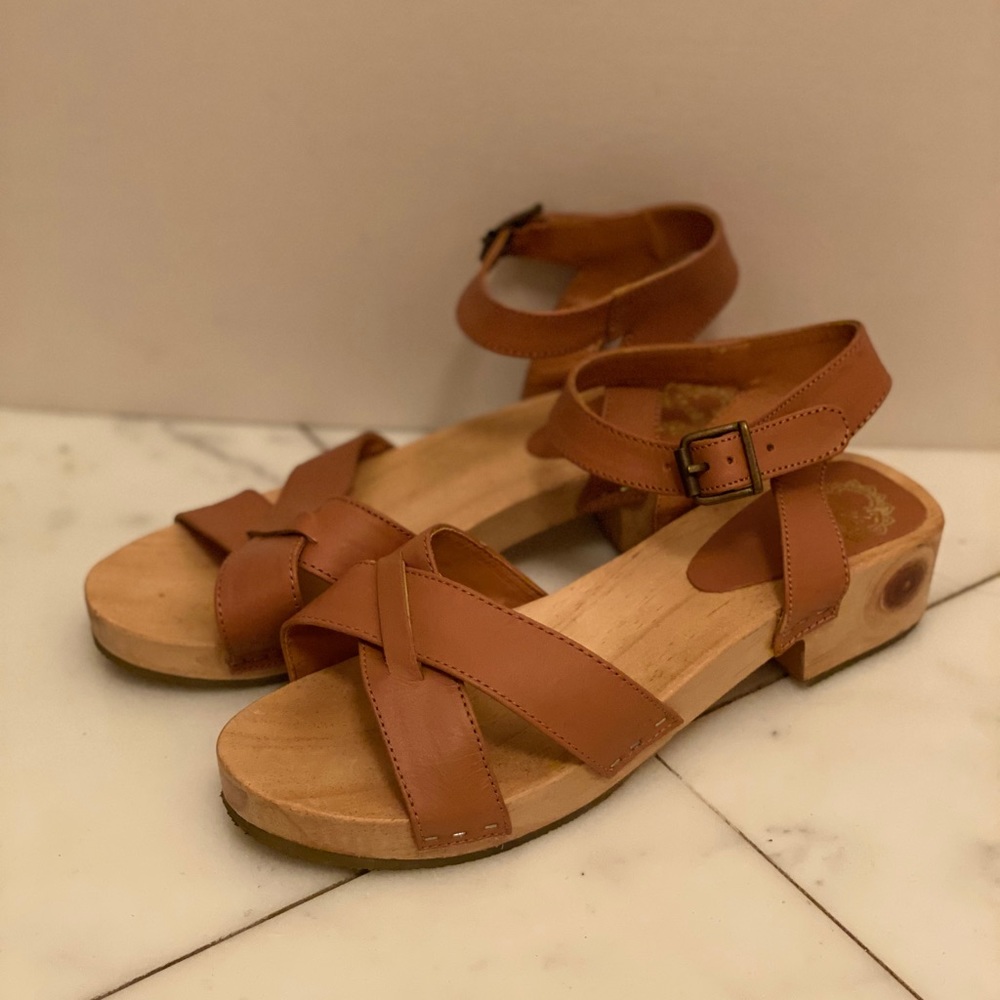 Brown leather wooden clog sandals